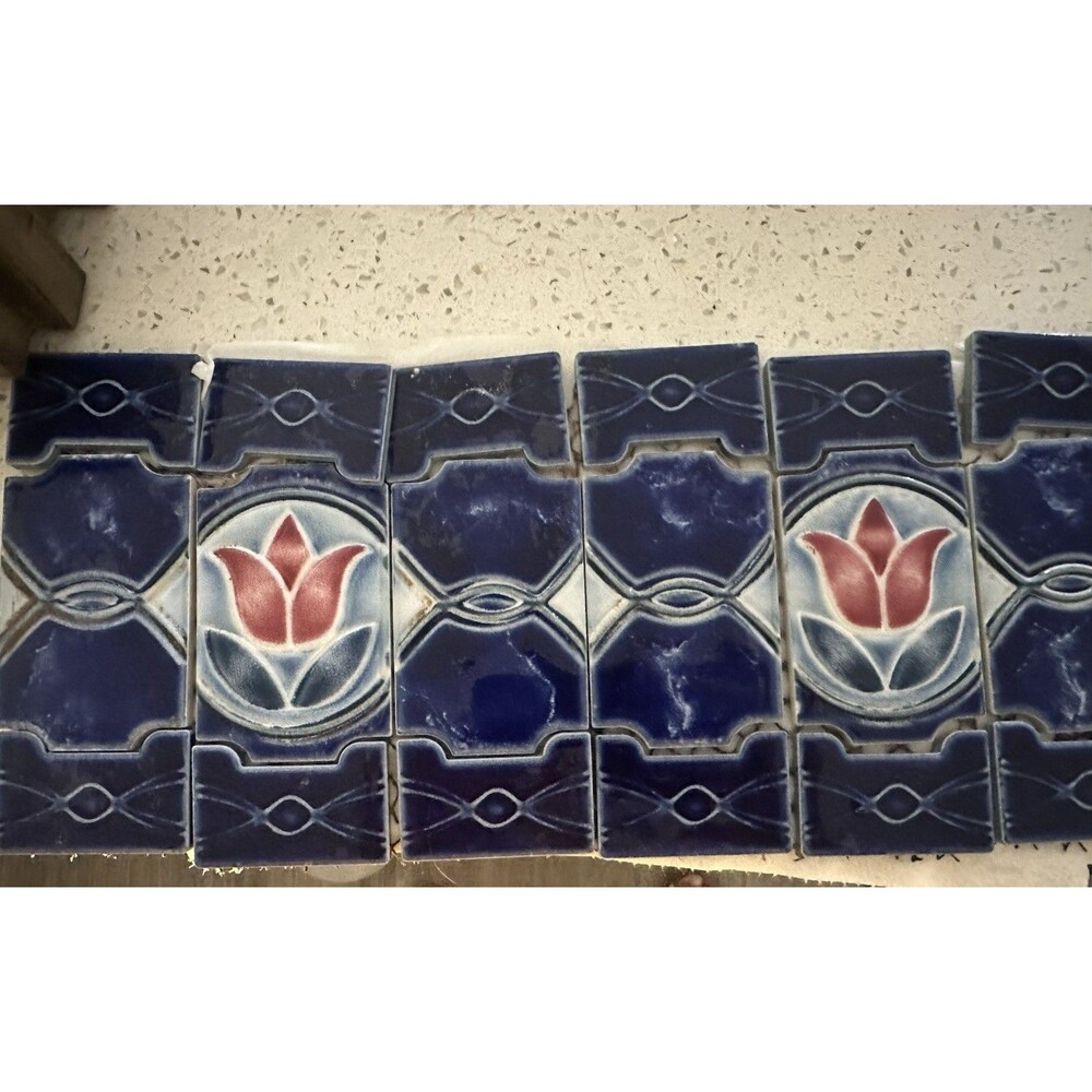 Retro Tulips Japan Cobalt Blue Splash / MAJOLICA Kitchen Bathroom Pool Tiles - Picture 2 of 9